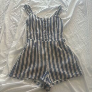 Striped Blue and White Womens Hollister romper medium stretchy fabric buttons